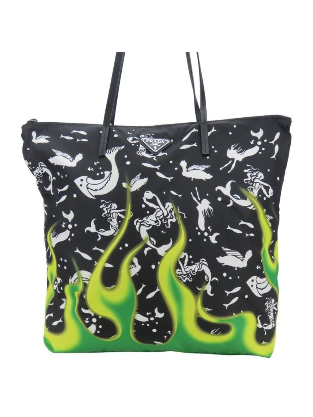 Prada Tote Bag Mermaid Nylon Leather Black Green Shoulder Fire Pattern